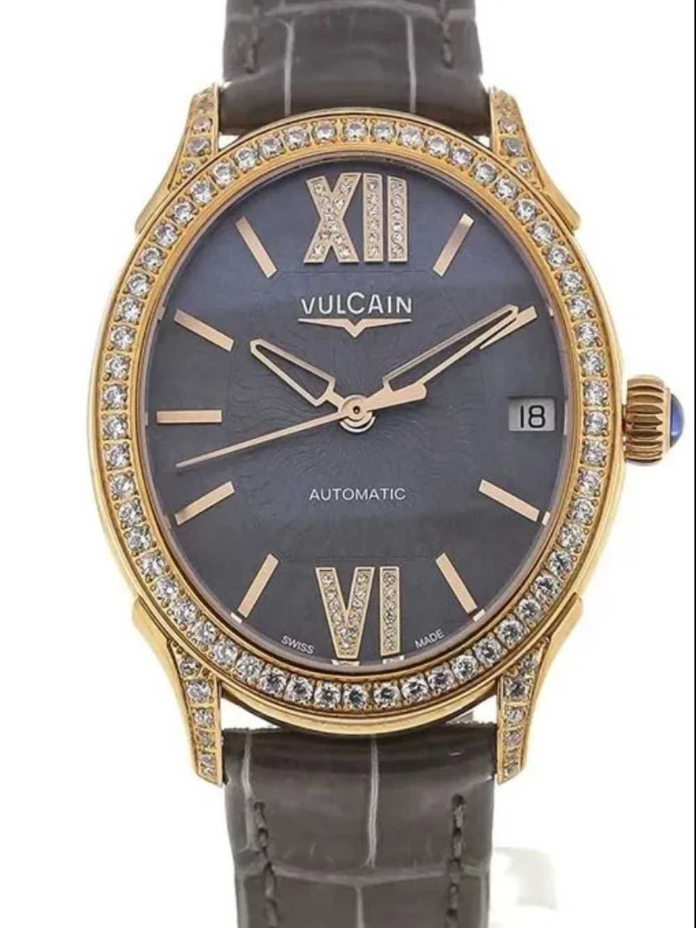 VULCAIN Women's Automatic Watch in 18k Rose Gold Diamonds + Gray Crocodile Strap